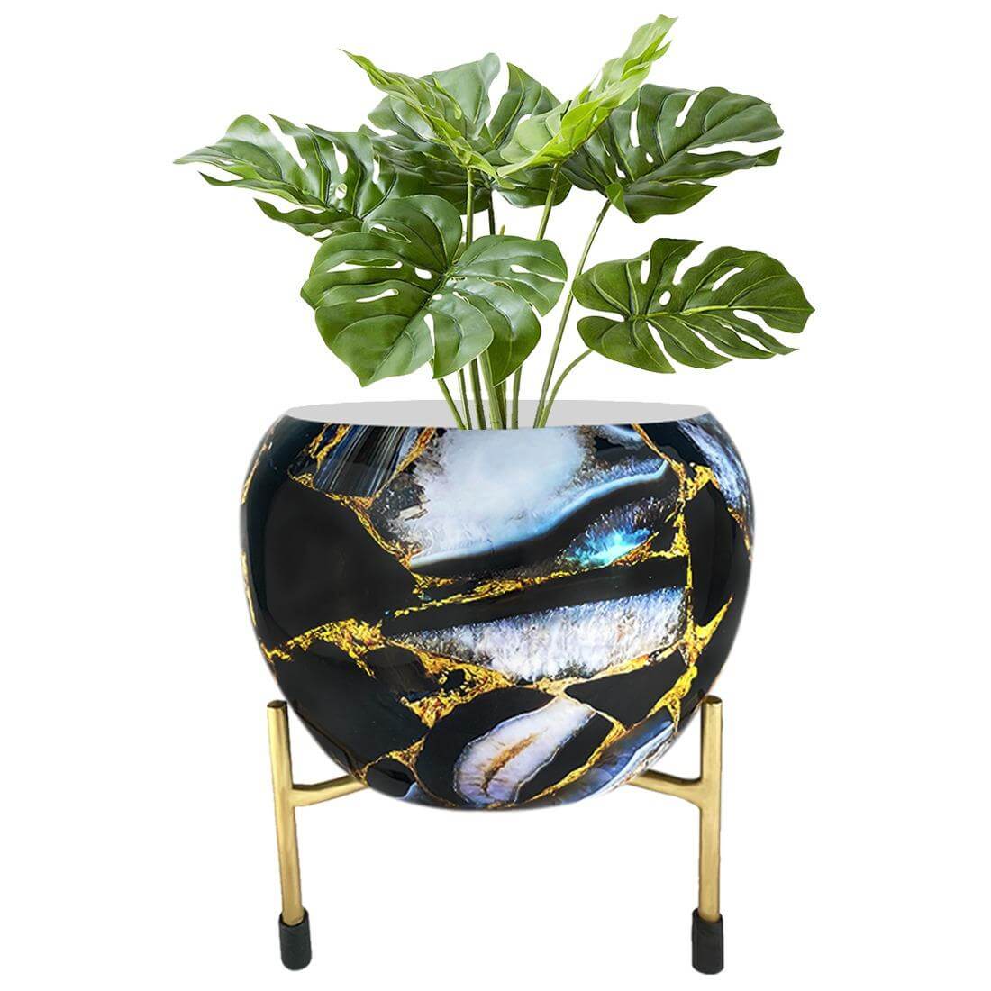APPLE DESIGN FLOWER POT BLACK MARBLE WITH STAND